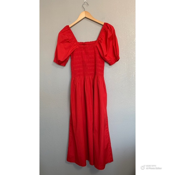 Madewell Cerise Red Smocked Puff Sleeve Dress in Poplin Size Small NWT - Picture 8 of 17